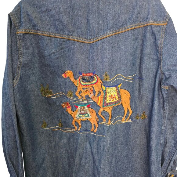 Chicos Vintage Denim Zip-Up Shirt Embroidered & Beaded Camel &Collar Boho READ - Picture 3 of 12